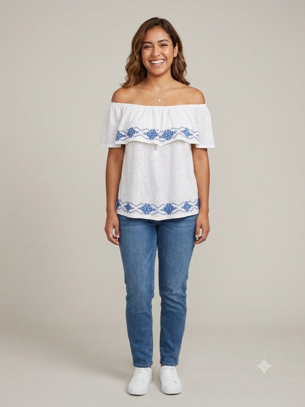 Almost Famous White Off-Shoulder Top with Blue Embroidered Trim. Size Large
